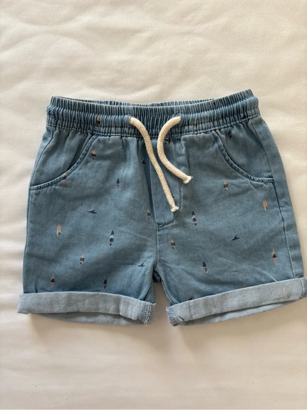 Zara Light Blue Denim-Feel Drawstring Shorts with Surf Print